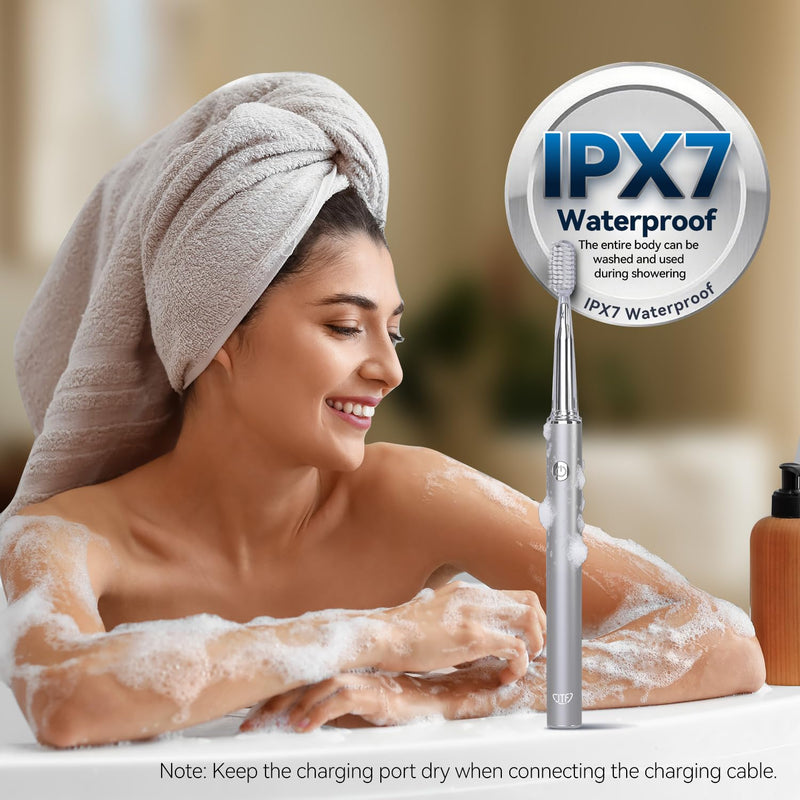 JTF Sonic Electric Toothbrush for Adults: 6 Brush Heads, 3 Brushing Modes, 2-Min Smart Timer, IPX7 Waterproof and Tongue Scraper, Deep Cleaning & Whitening, Rechargeable Toothbrush for Teeth & Braces Silver