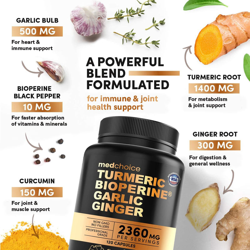 [Australia] - 4-in-1 Turmeric and Garlic Supplements with Bioperine 2360 mg (120 ct) Turmeric Ginger Root Capsules with Garlic - Turmeric Curcumin with Black Pepper for Joint, Digestion & Immune Support (Pack of 1) 120 Count (Pack of 1) 