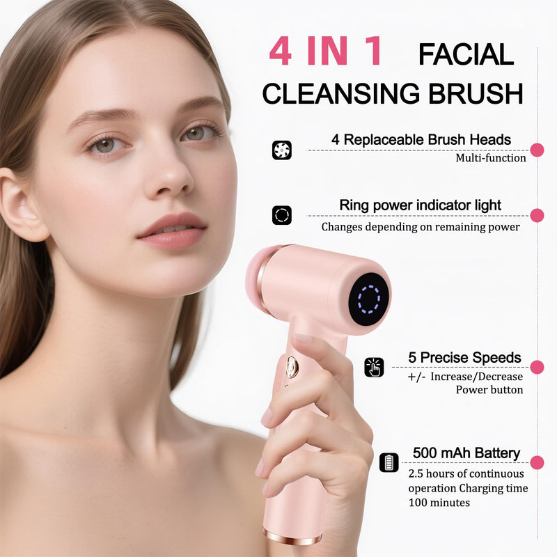 Electric Facial Cleansing Brush with 4 Brush Heads & 5 Speeds - IPX6 Waterproof, Type-C Fast Charging - for Deep Cleansing, Exfoliating, Pore Minimizing & Makeup Removal (Pink) Pink