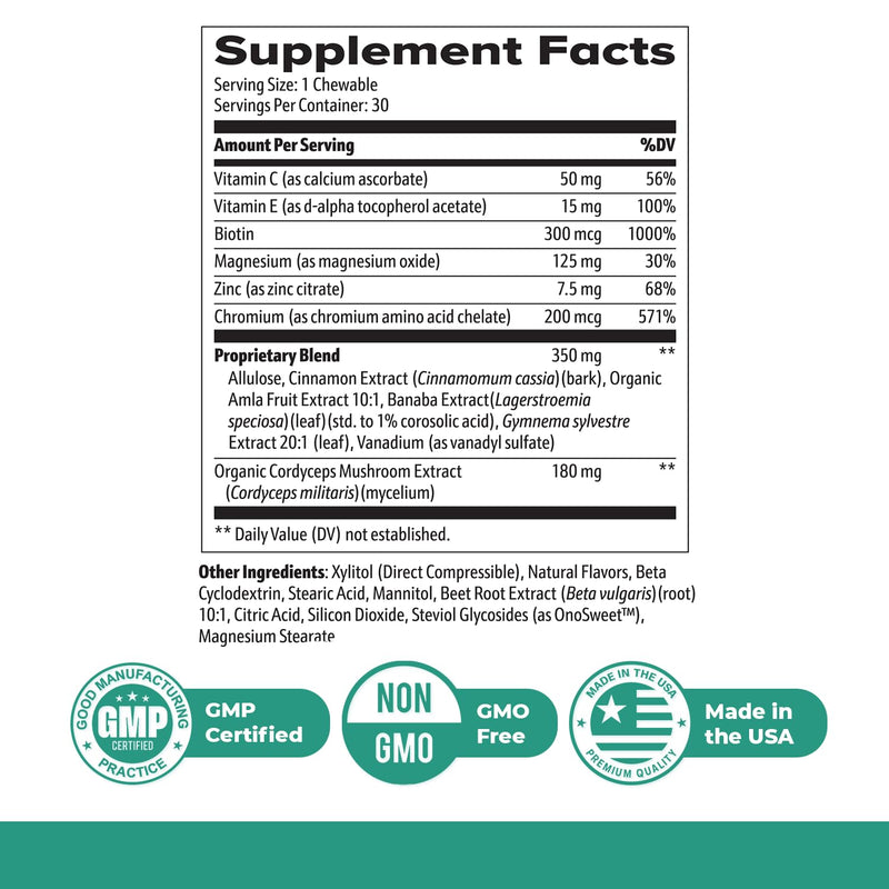 GlucoTrust Bites – Vitamin C, E & Chromium – 30 Ct, 1 Month Supply | Also includes Magnesium & Zinc with Vitamin C, E, Chromium & Cinnamon | Vegan, Non-GMO, Made in USA | Chewable 30 Count (Pack of 1)