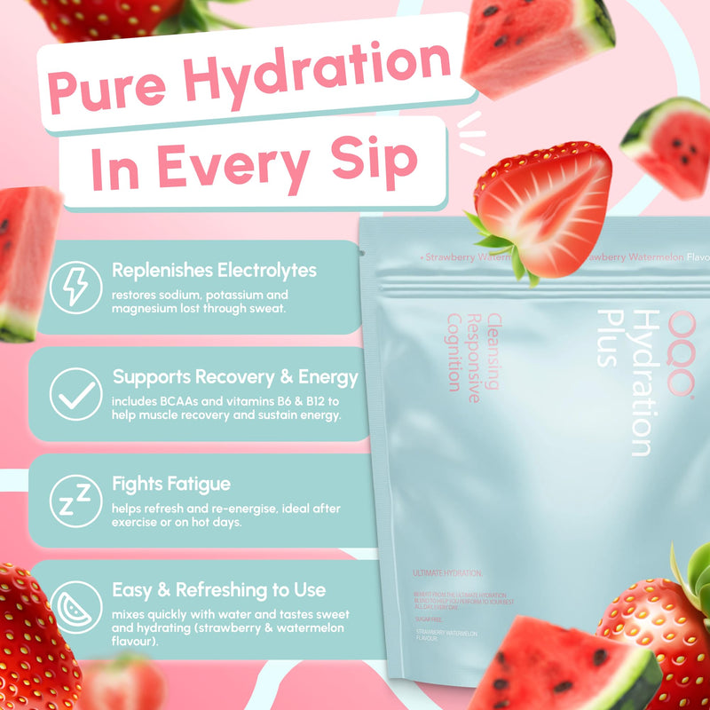 OQO® Hydration Electrolytes Sachets | Hydration Powder Packed with Vitamins B6 & B12, Sodium, Potassium, Magnesium & BCAAs - Zero Sugar Hydration Sachets | 25x Electrolyte Sachets | Strawberry 25pk (Strawberry Watermelon)