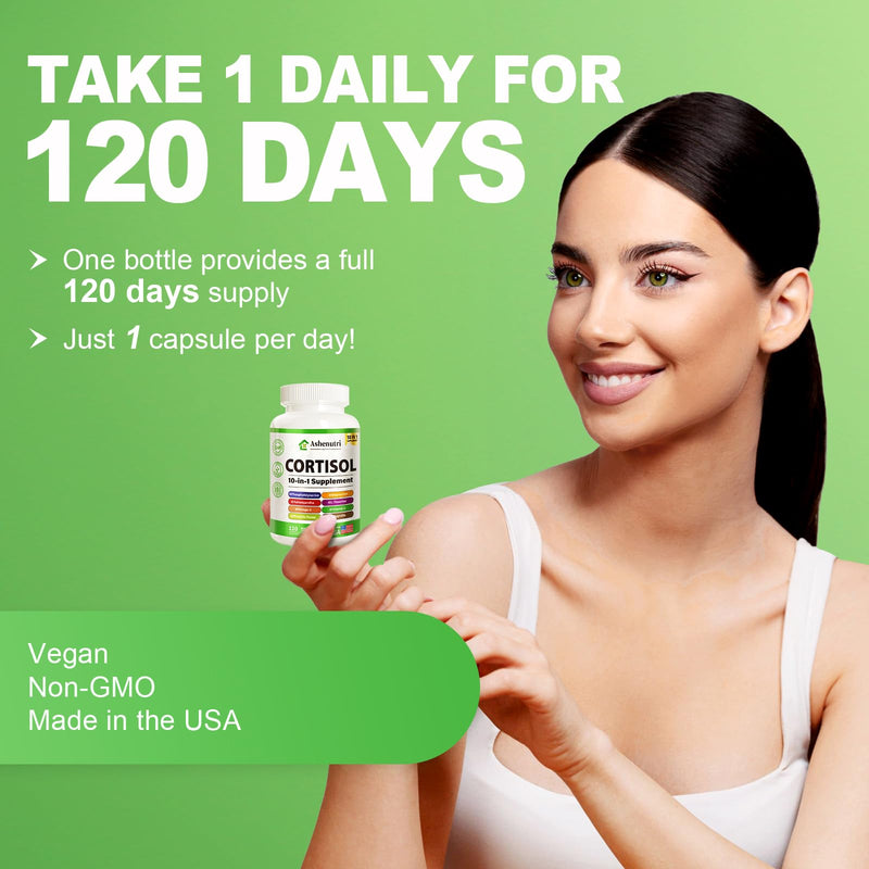 Ashenutri 10-in-1 Cortisol Supplement with Magnesium,Ashwagandha,Rhodiola Rosea,L Theanine,Hormone Balance for Women 120 Vegan Capsules