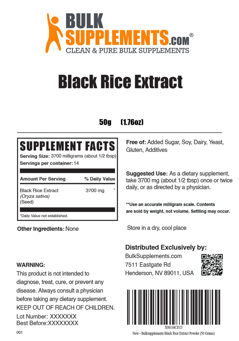 BulkSupplements.com Black Rice Extract Powder - Black Rice Supplement, Black Rice Powder - Gluten Free Supplement, 3700mg per Serving, 50g (1.8 oz) (Pack of 1) 1.8 Ounce (Pack of 1)