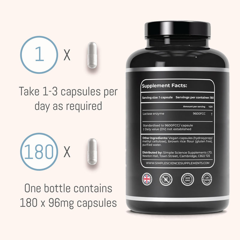 Lactase Enzyme (High Strength) | 9600FCC in One Capsule | 180 Capsules = 180 True Servings | Lactose Intolerance Relief & Digestion Support | Lab Tested | 100% Natural and Non-GMO