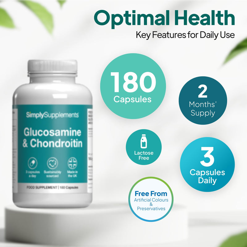 Glucosamine & Chondroitin | High Strength | Supports an Active Lifestyle | Marine Sourced | 3rd Party Tested | 180 Capsules = 2 Months' Supply | GMP-Certified & UK-Made Unflavoured 180 count (Pack of 1)
