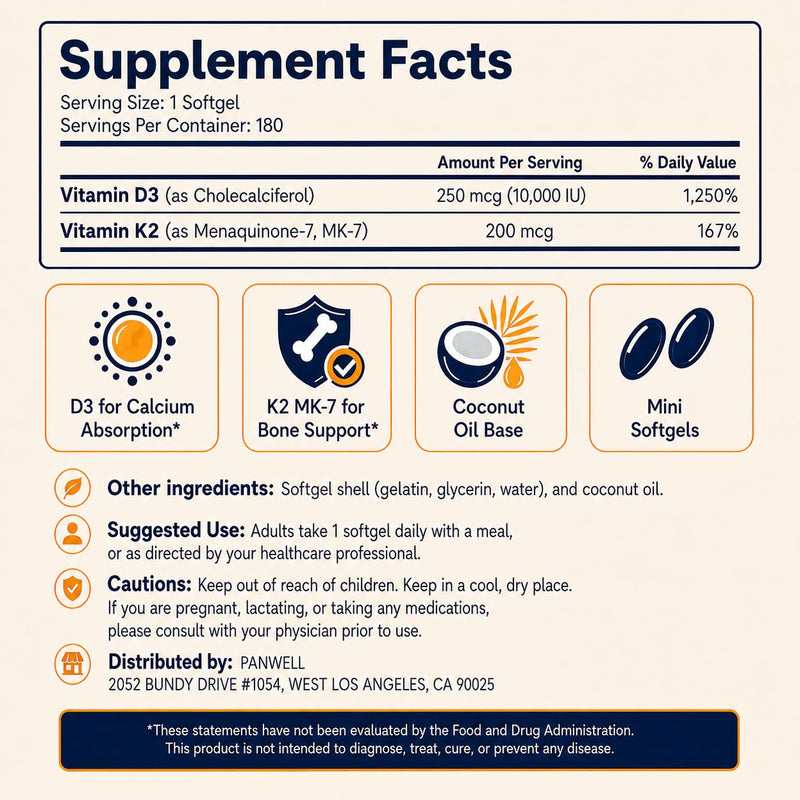 PANWELL Vitamin D3 K2 10000 IU Supplement, K2 MK-7 200 mcg, 180 Softgels | With Coconut Oil; 6-Month Daily Supply; Non-GMO, Gluten Free, Soy Free; Vitamin D3 K2 Formula