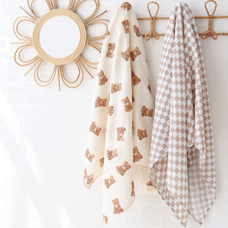 [Australia] - LifeTree Muslin Swaddle Blankets Neutral, Baby Swaddling Wrap Nursery Blanket for Boys & Girls Unisex, Soft 70% Viscose from Bamboo and 30% Cotton, Large 47 x 47 inches, Bear & Checkered Coffee 