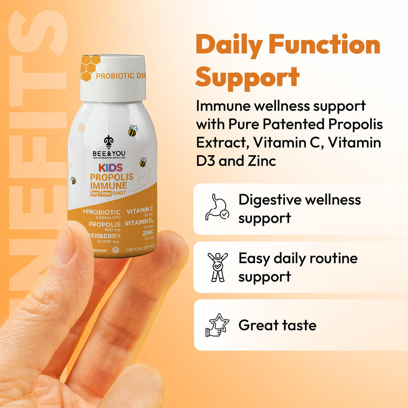 Bee and You Kids Propolis Immune Day Time Shot - Probiotic, Vitamin C, Vitamin D3, Zinc, Immune Support, Gut Health, Digestive Health, 1.69 Fl. oz, 12 Pack Elderberry