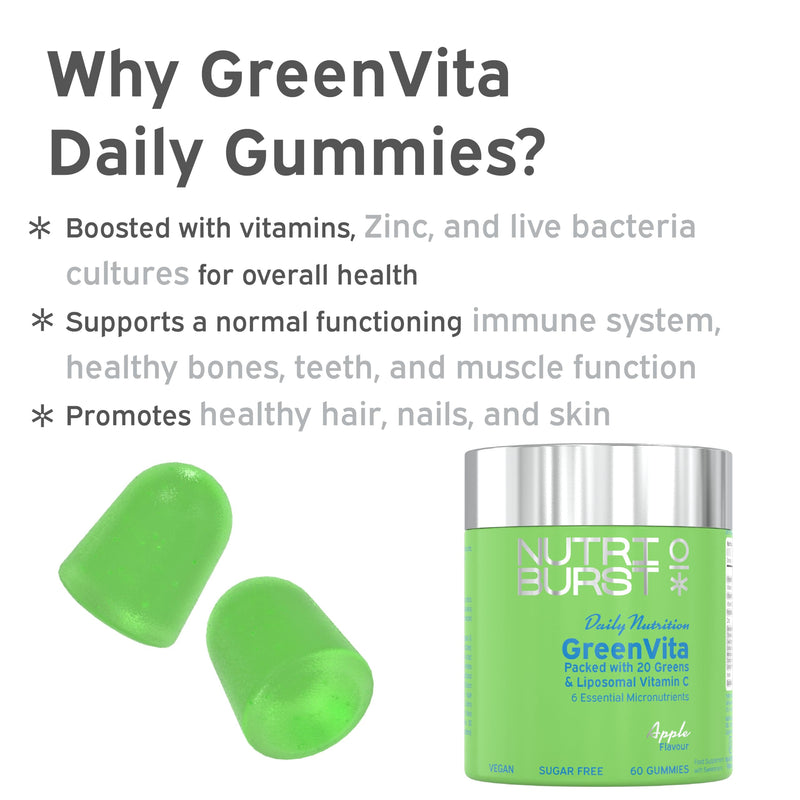 Nutriburst GreenVita - Super Greens Blend Gummies - Fruit + Veg + 100% Fruiting Bodies Mushrooms + 200 Million Live Bacteria Cultures - Boosted with Vitamins - 1 Month Supply - Suitable for Vegans 60 Count (Pack of 1) Greens + Probiotics