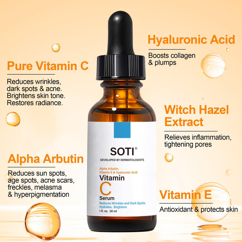 Vitamin C Face Serum with Hyaluronic Acid, Alpha Arbutin and Vitamin E, Anti Aging for Dark Spots, Wrinkles & Acne, Brightens Skin Tone, Restores Radiance, 1 fl.oz. 30ml VitaminC1 1 Fl Oz (Pack of 1)