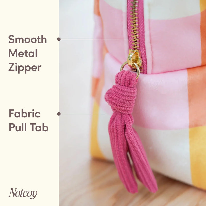 Velvet Makeup Bag with 2 Inner Pockets, Zipper Cosmetic Pouch and Travel Organizer for Makeup, Toiletries, Accessories, and Jewelry - Pink Checkered Pink Picnic Large Pouch