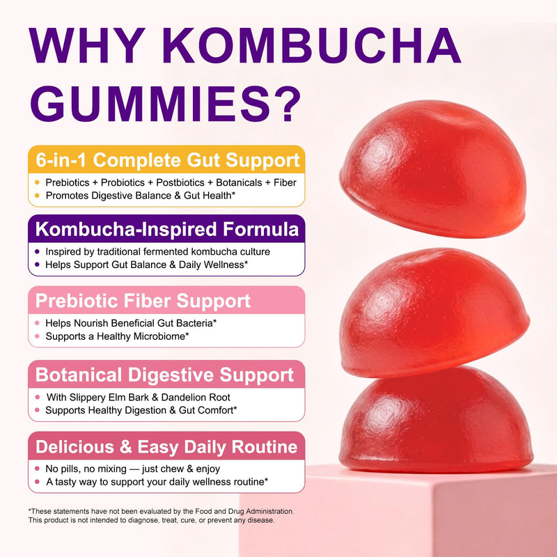 Probiotic Kombucha Gummies 60 Count with Prebiotics, Probiotics, and B Vitamins, Natural Mixed Berry Flavor, Probiotics for Women & Men