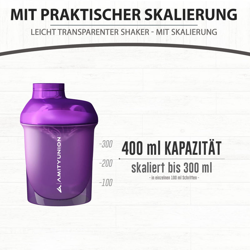 [Australia] - AMITYUNION Protein Shaker Purple Deluxe 400 ml - Protein Shaker Leak-Proof - BPA Free with Sieve & Scale for Creamy Whey Protein Powder Shakes - Gym Fitness Cup for Isolate Sports Concentrates Purple 