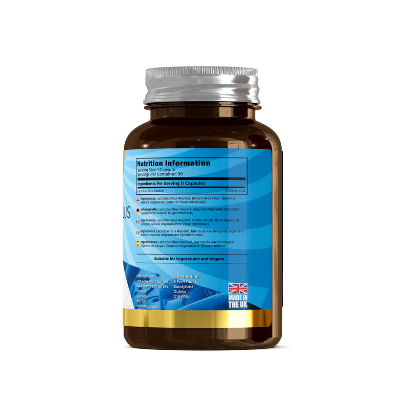 LN L Reuteri | 90 Lactobacillus Reuteri Probiotic Capsules - 5 Billion CFU L-Reuteri per Serving | High Strength L-Reuteri Supplement | Non-GMO, Gluten & Allergen Free | Made in The UK