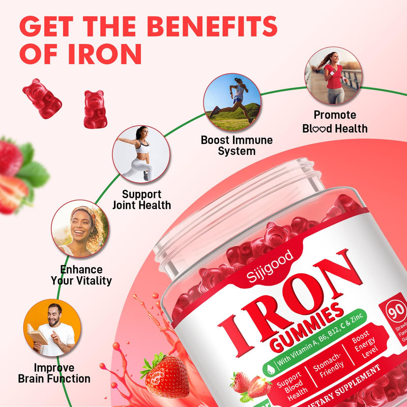 90 Count | Iron Supplement for Women, Men & Kids, Iron Gummies for Iron Deficiency & Anemia with Vitamin C B6 B12,Folate-Iron Supplement Support Bl♡♡d Oxygen & Energy Boost, Vegan,Non-GMO &Gluten Free Strawberry 90 Count (Pack of 1)