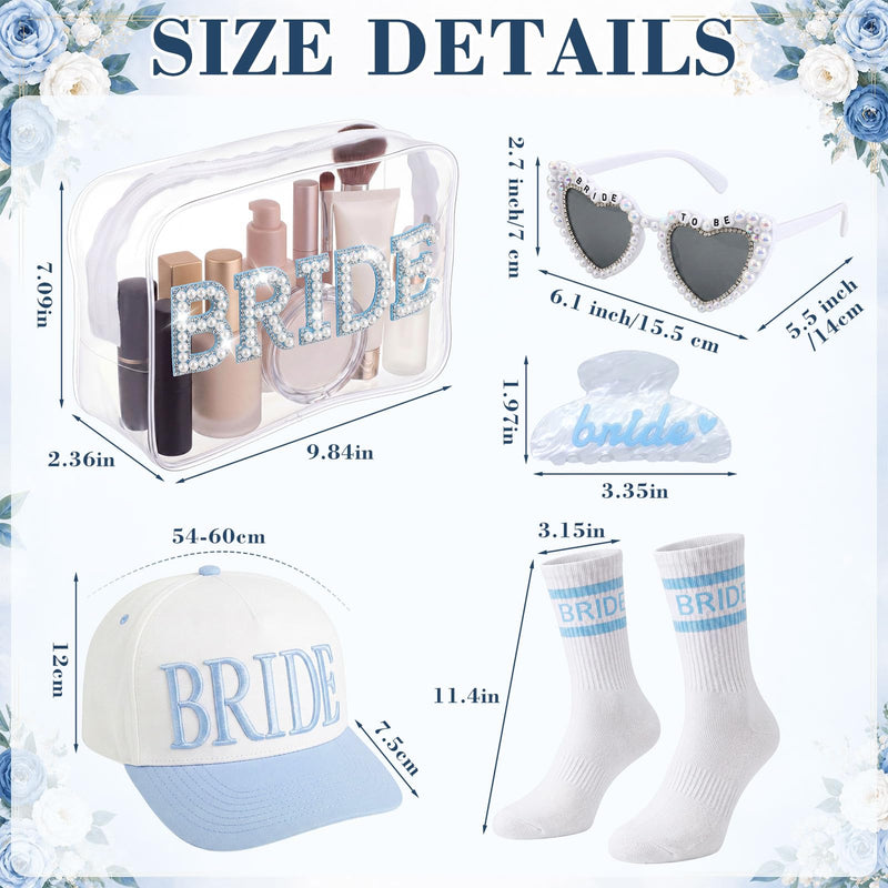 Kacctyen 6 Pcs Something Blue Bridal Shower Gift for Bride to Be Wedding Gifts Set for Bride Include Slippers Makeup Bag Heart Sunglasses Baseball Cap Socks Hair Claw Clip for Bachelorette Engagement
