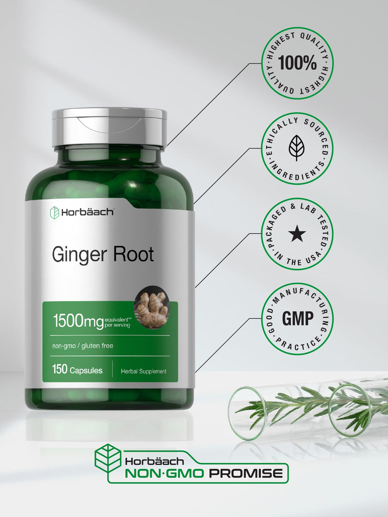 Horbäach Ginger Root Capsules 1500 mg | 150 Pills | Non-GMO, Gluten Free | Ginger Root Extract