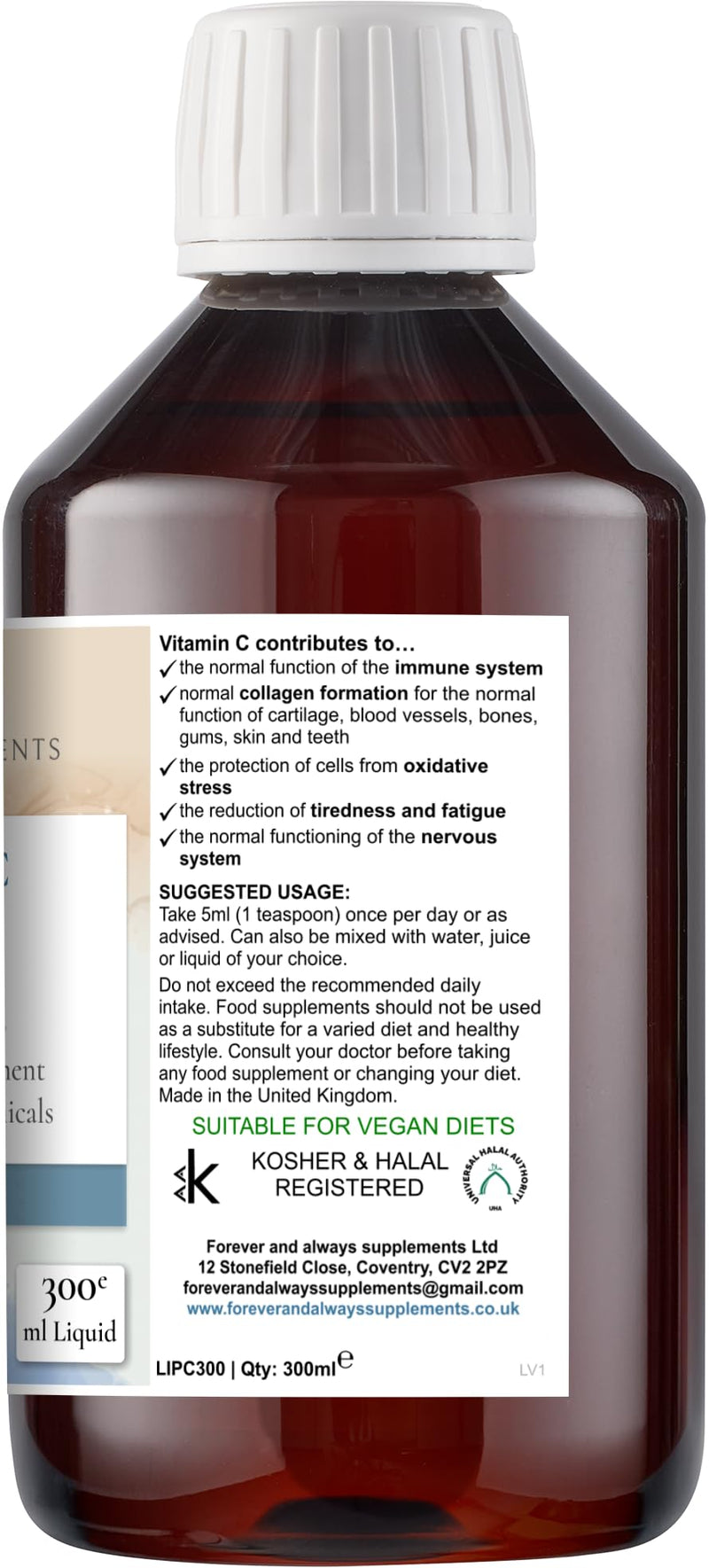 Liposomal Vitamin C Complex Liquid - High Strength 500mg - Superior Absorption & bioavailability - Support Immune System, Bones, Cartilage & Much More, Forever & Always Supplements