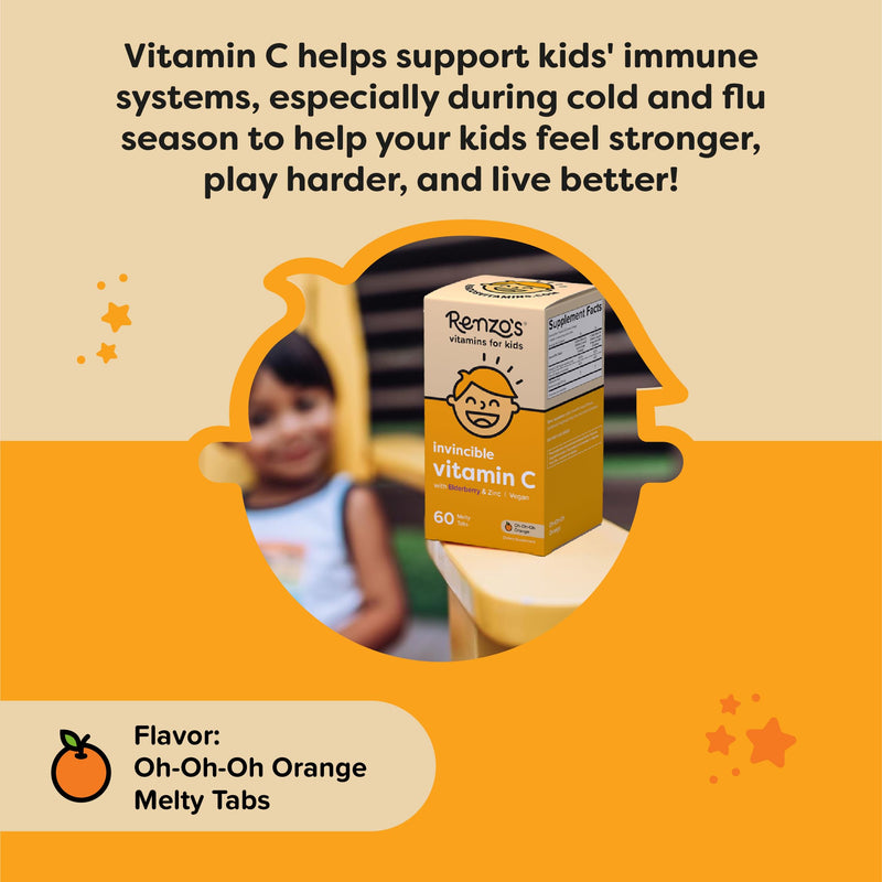 [Australia] - Renzo's Invincible Vitamin C for Kids with Elderberry & Zinc - Dissolvable Kids Vitamins for Immune Support - 60 Orange-Flavored Melty Tabs 60 Count (Pack of 1) 