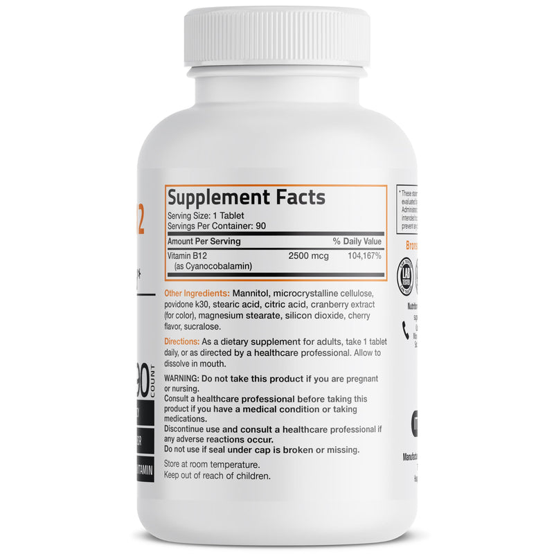 Bronson Vitamin B12 2500 mcg Fast Dissolve Sublingual Cherry, 90 Tablets | B12 as Cyanocobalamin, Supports Energy Metabolism, Red Blood Cell Formation, Nerve & Brain Function 90 Count (Pack of 1)