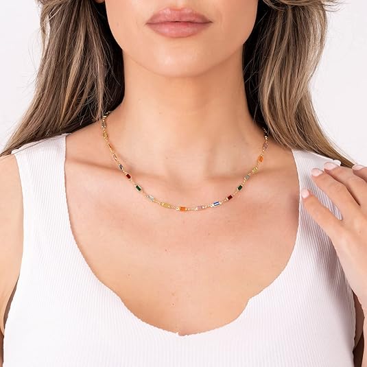[Australia] - Barzel 18K Gold Plated 18 Inch Gold and Multi Color Crystal Baguette Necklace 