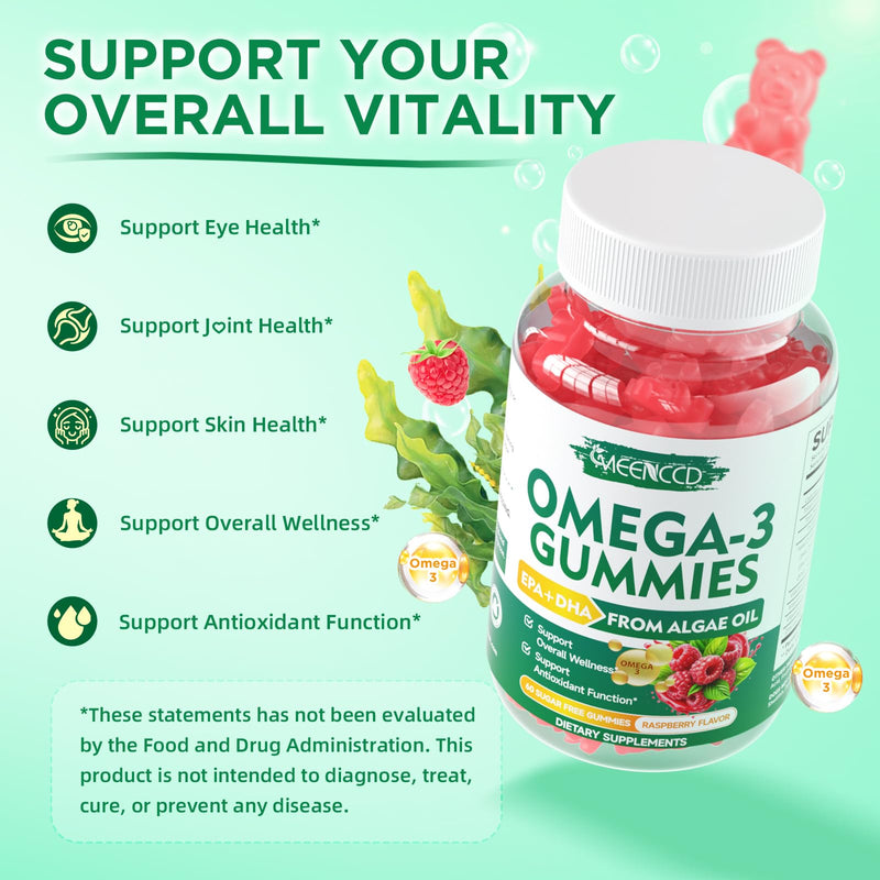 2 Pack Omega-3 Gummies 1000mg, Omega 3 Fish Oil Alternative for Adults, Algae-Based DHA 600mg & EPA 300mg + Vitamins A, C, E, Zinc, Supports Overall Wellness, Raspberry Flavor, 120 Count 60 Count (Pack of 2)
