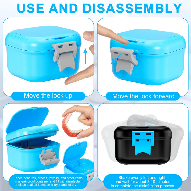 Denture Bath Case Leak Proof, Travel Denture Cup for Soaking Dentures & Retainer, Retainer Cleaner Case, Upgraded Double-Layer False Teeth Container with Strainer, Black+Light Green.