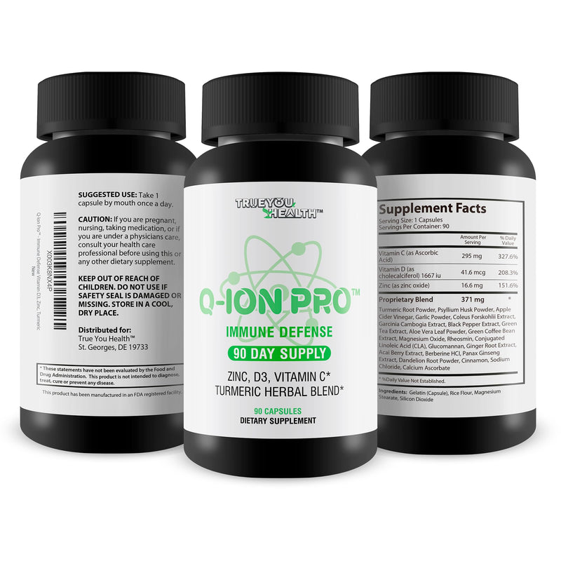 Q-Ion Pro - Immune Defense Formula - 90 Day Supply - Natural Immune Support Supplement - Promote Healthy Immune Response & Immune System - High in Antioxidants - Vitamin C, Vitamin D3, Zinc, Turmeric