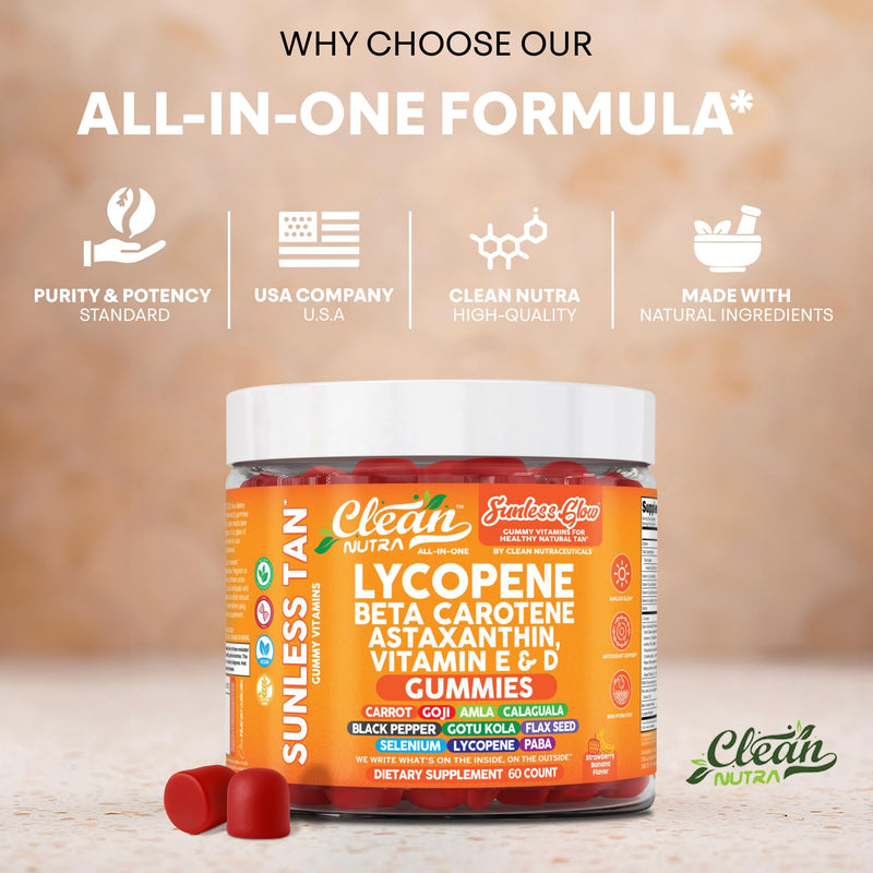 [Australia] - Clean Nutra Sunless Glow Gummies with Lycopene, Beta Carotene, Astaxanthin, Vitamin E and D - All-in-One Gummy Supplement for Daily Routine - 60 Count, Vegan, Non-GMO, Pectin-Based, Gluten-Free 
