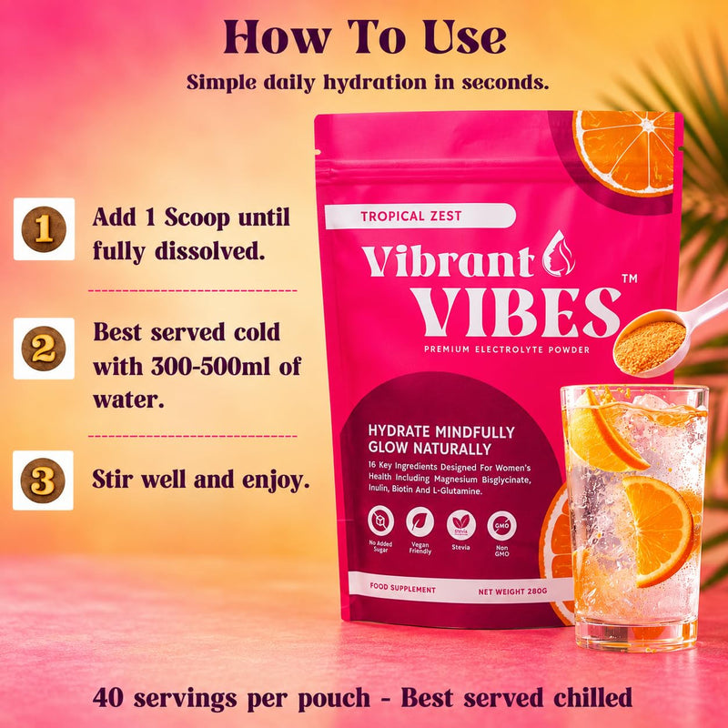 Vibrant Vibes Women’s Electrolyte Powder – Clean Daily Hydration | Zero Sugar, Magnesium, B & C Vitamins | Vegan Electrolytes | 280g Pouch – 40 Servings, Tropical Zest Flavour.