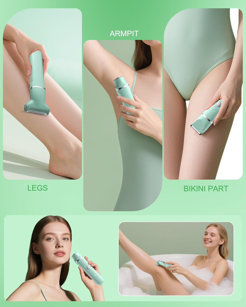[Australia] - Electric Shaver for Women,3-in-1 Bikini Trimmer for Women & Body Shaver, IPX7 Waterproof,Hypoallergenic Ceramic Blades,USB-C Fast Charging,Travel Trimmer for Face, Legs,Bikini Line & Foil,Green Green 