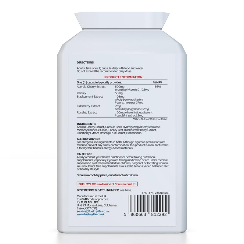 Natural Vitamin C 120 Capsules – Optimum Absorption All-Natural Food Form - Gentle & Non-Acidic - Packed with Bioflavonoids, Pectins, Essential Oils & phytonutrients - NO Synthetic ascorbic Acid