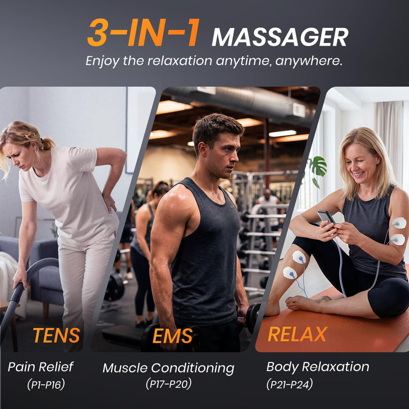 AVCOO 24 Modes TENS Unit Muscle Stimulator for Pain Relief, Color Screen | 3-in-1 EMS Massage Machine for Drug-Free Shoulder, Back Pain Relief Therapy, 30 Levels Electronic Pulse Massager, 10 Pads
