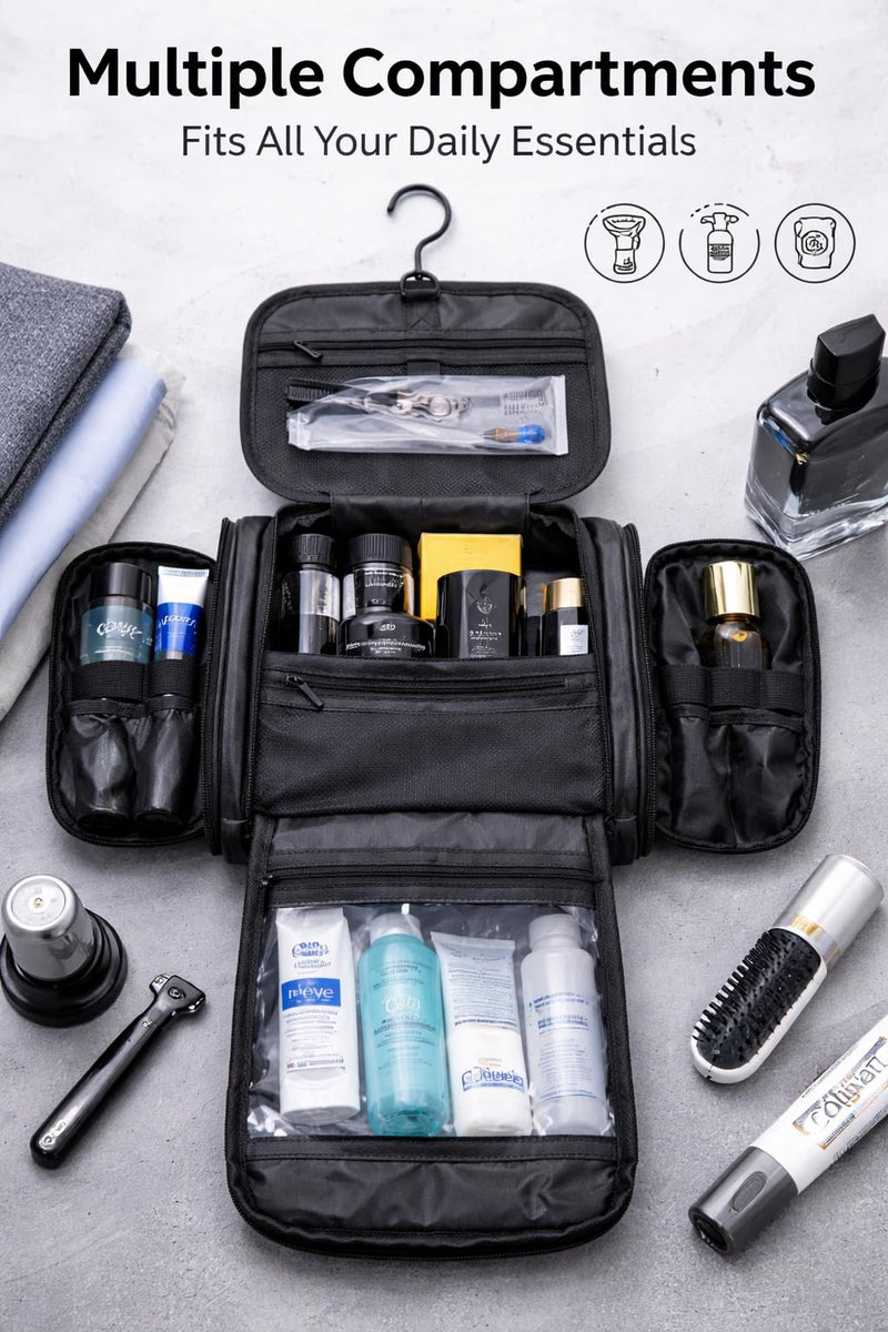 TUCKR Leather Toiletry Bag for Men & Women, Travel Dopp Kit for Everyday Essentials, Water Resistant, Compact & Sleek Design with Hook and Multiple Compartments (Black) Black