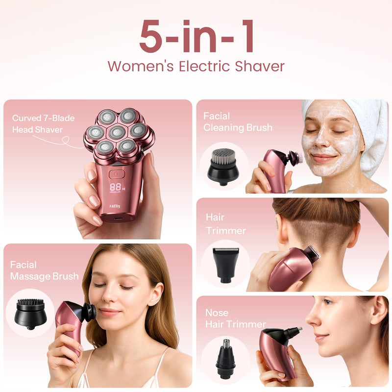 [Australia] - Electric Razors for Women Legs: 5-in-1 Rechargeable Body Shaver, 7D Wet & Dry Bikini Trimmer, IPX7 Waterproof Lady Hair Remover for Face Underarms Pubic, Rose Pink 