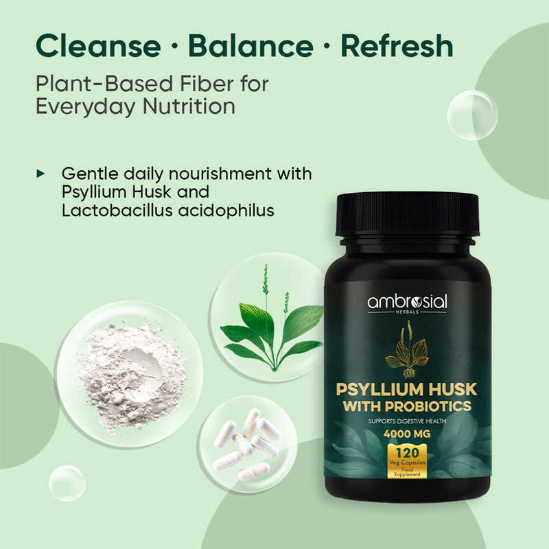 Ambrosial Psyllium Husk 4000 mg with Probiotics – 2-in-1 Plant-Based Fiber & Probiotic Complex – Natural Daily Fiber Source with Lactobacillus Acidophilus – 120 Vegan Capsules – Non-GMO, Gluten-Free