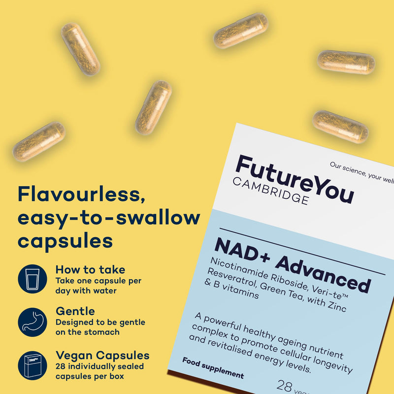 FutureYou Cambridge NAD+ Advanced – Cellular Energy & Healthy Ageing Support with Nicotinamide Riboside, Veri-te Resveratrol, Green Tea Extract, Zinc & B Vitamins – Vegan, 28 Capsules (28-Day Supply)
