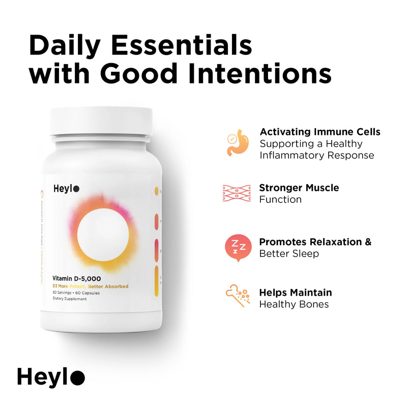 Heylo Vitamin D3 5000 IU (125 mcg) – High-Potency Vitamin D Supplement for Immune Support, Bone Strength & Mood – 60 Capsules (2-Month Supply) – Easy-to-Swallow, Non-GMO, Gluten-Free, Made in USA