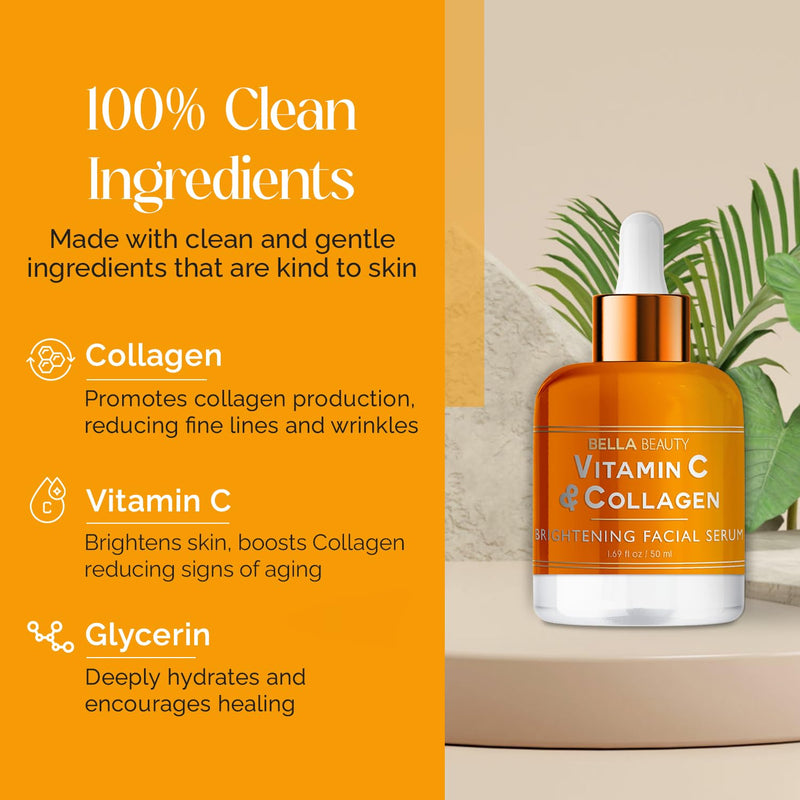 Bella Beauty Vitamin C Serum with Collagen - Dark Spot Reduction, Skin & Anti-Aging - Dermatologist Tested, Cruelty-Free Korean Skin Care for All Skin Types - 1.69 Fl. Oz Vitamin C & Collagen