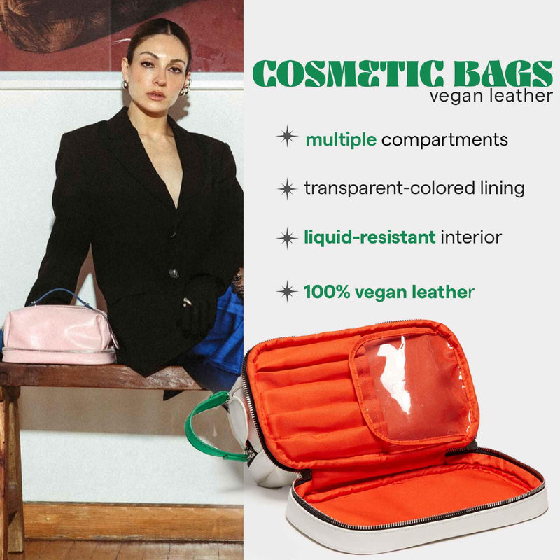 SARELLY | Vegan Leather Makeup Bag | Perfect for Makeup Brushes | Multi-compartments | White Off-White 24 cm x 13 cm x 12 cm