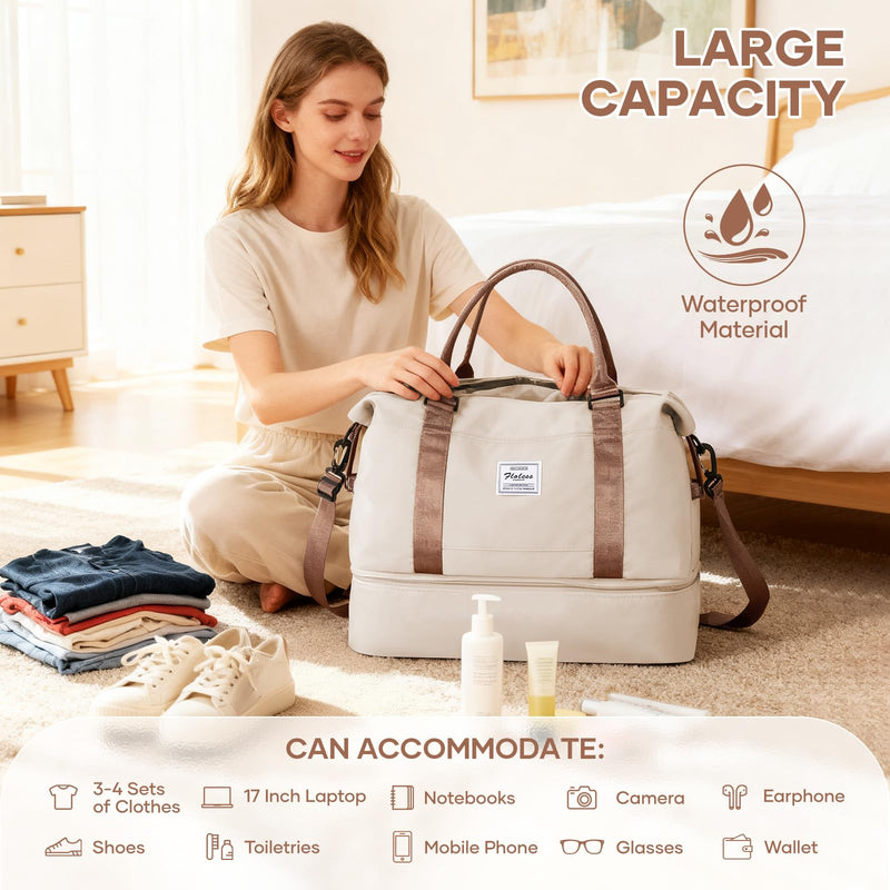 Travel Duffel Bag 18x14x8 Inches Carry On Bag for Airplanes Weekender Overnight Bag for Women with Trolley Sleeve Travel Bag Spirit with Shoes Compartment Sport Tote Gym Bag BeigeBrown