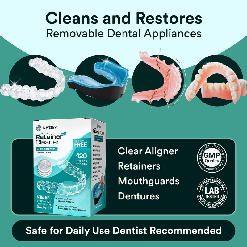 [Australia] - Retainer Cleaner Tablets, Invisalign Cleaner, Remove Stains, Odors & Plaque, Night Guard Cleaner, FSA & HSA Eligible, 1-Month Supply of PERSULFATE-FREE Denture Cleaner, 30 Tablets, Mint-Scented 