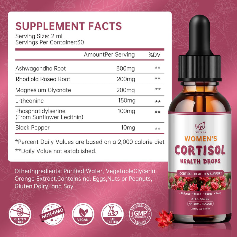 Cortisol Manager Liquid Drops, Cortisol Supplements for Women, with magnesium ashwagandha, rhodiola rosea,l-theanine,Phosphatidylserine-Promote Relaxation and Support Mood- 30 Day Vegan Supply 2 Fl Oz (Pack of 1)