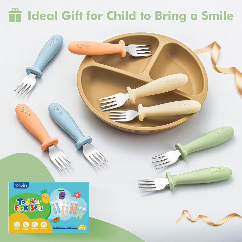 [Australia] - DRKIO 8 Pieces Toddler Forks Set - Baby Forks with Silicone Handle Children safe 18/8 Stainless Steel Toddler Utensils Set for Self Feeding Kids Silverware Anti-Choke Design Food Grade Dishwasher Safe Blue 