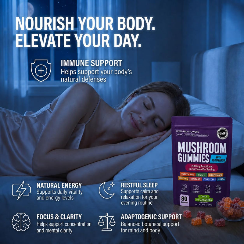 Mushroom Gummies with Lion’s Mane & Reishi – 80 Count 8-in-1 Functional Mushroom Complex 2500mg – Energy, Focus, Immunity Support – Vegan Mixed Fruit Gummies