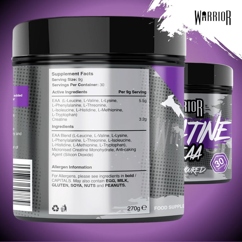 Warrior Creatine Monohydrate Powder + EAA 270g (30 Servings) – Pure Creatine with Essential Amino Acid Supplements for Muscle Recovery & Growth, Pre & Post Workout for Men & Women – Unflavoured