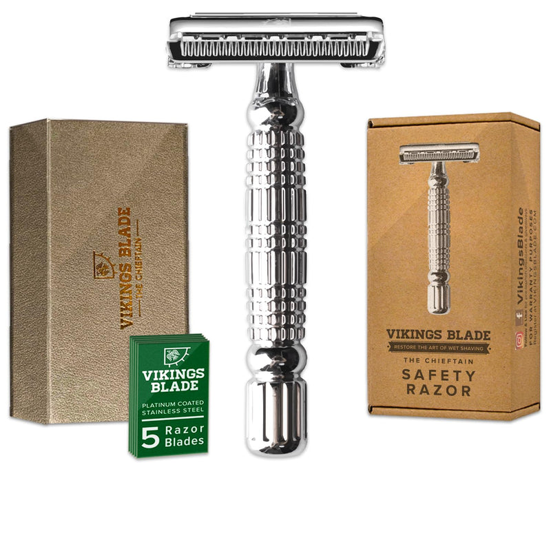 VIKINGS BLADE Double Edge Safety Razor for Men + 5 Swedish Steel Blades + Luxury Case. Smooth, Reusable, Eco-Friendly (The Chieftain) Chromium Silver
