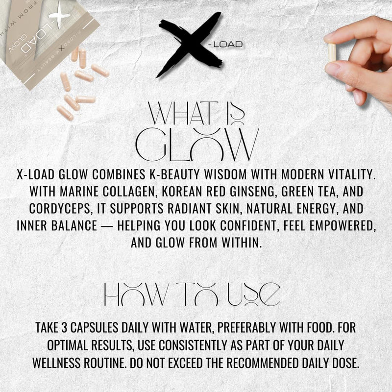 X-Load Femme Glow - Marine Collagen Capsules with Korean Ginseng, Green Tea, Cordyceps & Vitamin C | Korean Skincare - Beauty & Vitality Blend for Skin Glow, Energy & Drive – 30 Day Supply