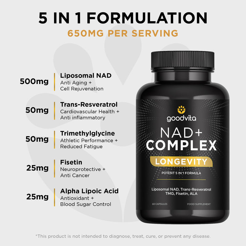 NAD+ Supplement 650mg (5 in 1 Complex) 60 Caps, 2 Month Supply | UK Made | Boost NAD Levels | Resveratrol TMG Fisetin ALA | Liposomal High Bioavailability | Anti-Aging, High Strength