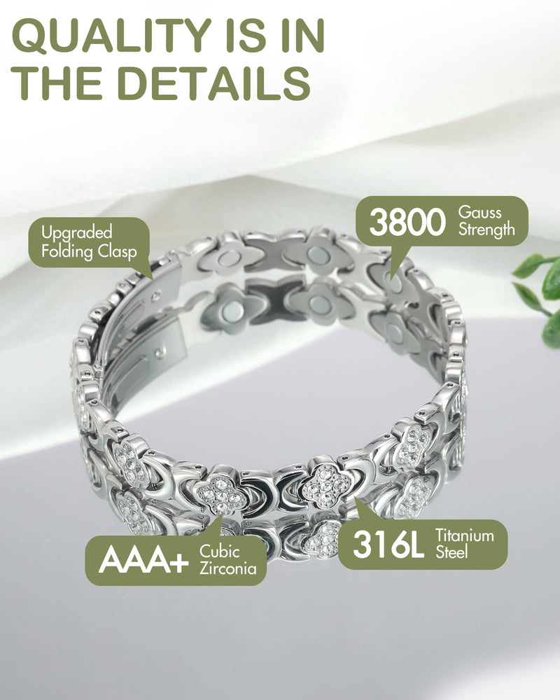 [Australia] - Feraco Magnetic Bracelets for Women with 3800 Gauss Effective Magnets, Stainless Steel Bracelet with Sparkling Zirconia, Infinite Symbol Silver Clover 